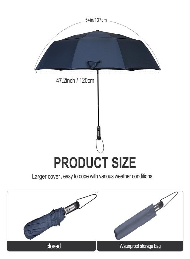 Doubwell 54 inch Large Compact Umbrella 3 Folding Portable Umbrellas for Rain Oversized Auto Open Close Travel One Click Open Vented Double Windproof Telescopic Large Size Cover (Dark Blue) - Image 4